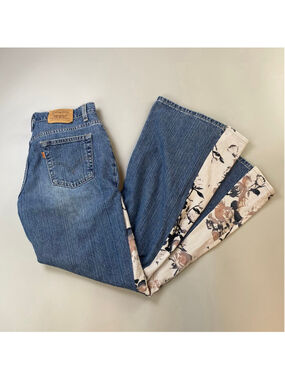 Vintage Levi's Jeans Flare Womens 30 Blue Floral Upcycle Boho Hippie Handmade